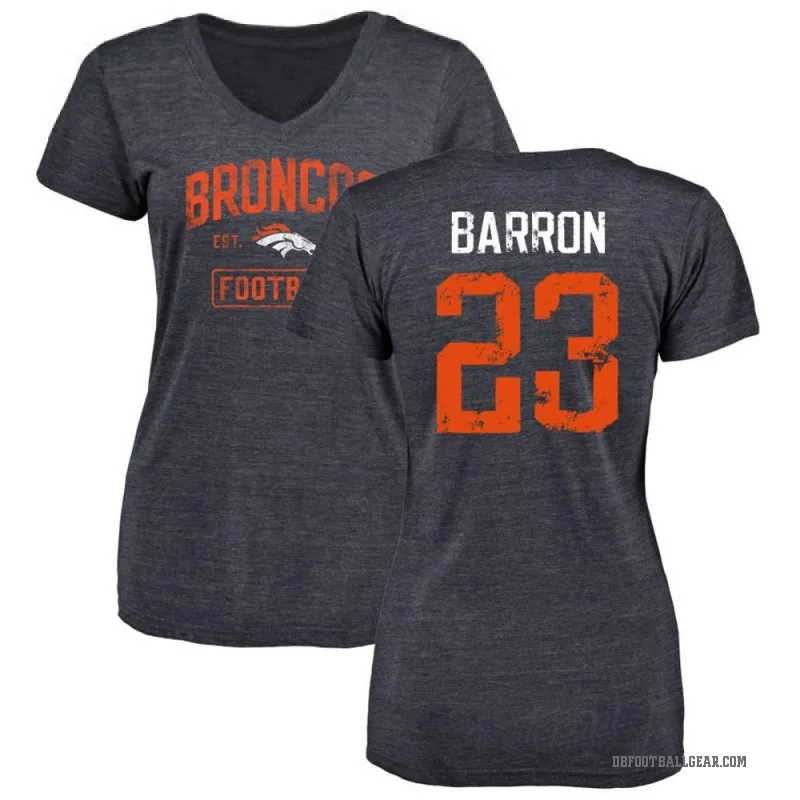 Jahdae Barron Women's Navy Denver Broncos Distressed V-Neck T-Shirt